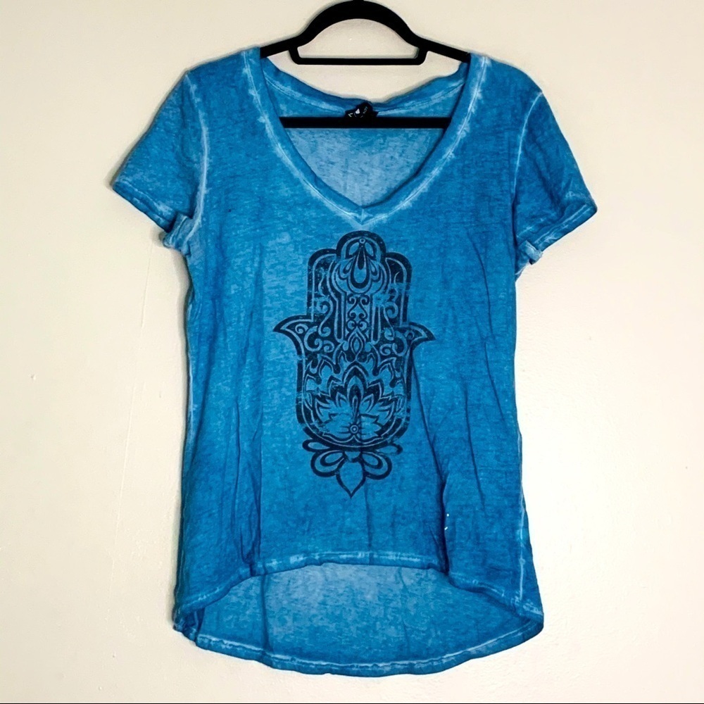 Knit riot hamsah graphic v neck short sleeve T-shirt large women’s blue tee
